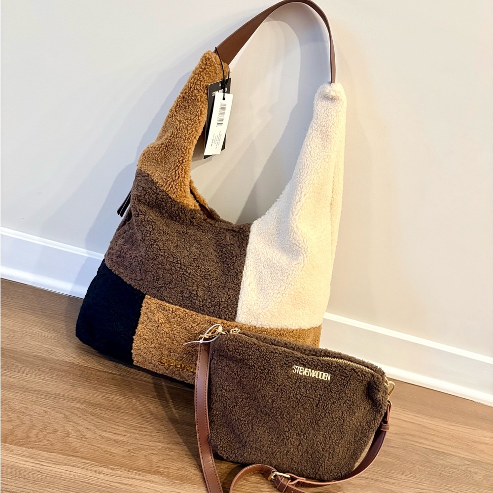 NWT VIRAL STEVE MADDEN BROWN SHERPA PATCHWORK HOBO BAG